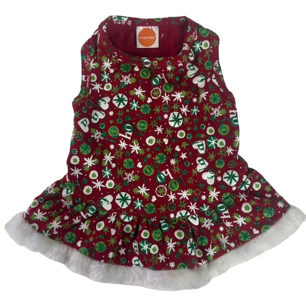 Christmas Dog Dress Red Green Glitter Size Small Snowflake Print Faux Fur Hem‎